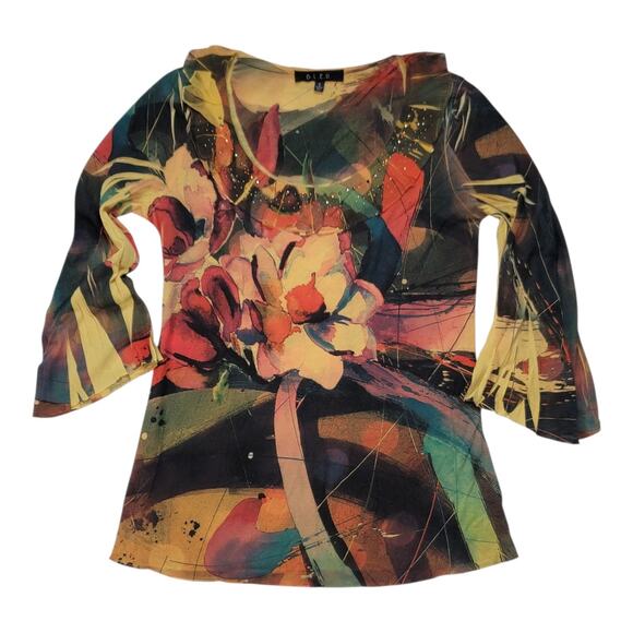 B.L.E.U.‎ Abstract Floral Top Bell Sleeve Rhinestone Embellishments Women's Sm - Picture 2 of 9